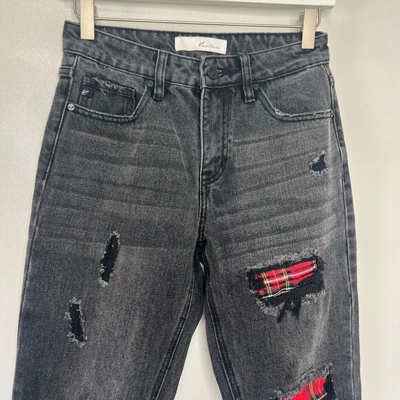 KanCan Women's 1/24 Black Denim High Rise Patchwork Distressed Boyfriend Jeans - Picture 6 of 12